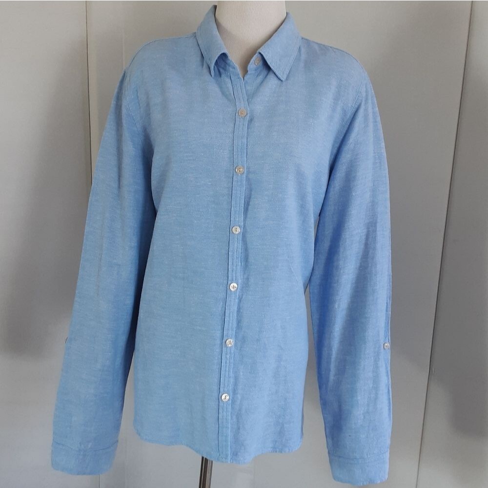ORVIS Light Blue Coastal Linen Blend Roll-Tab Shirt Sz L
